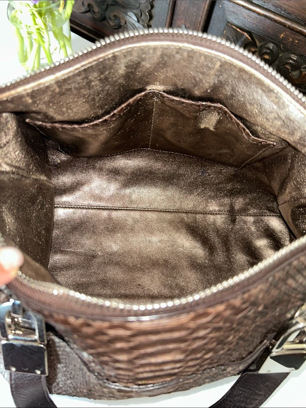 Michael Kors Brown Textured Leather Satchel with Silver-Tone Hardware